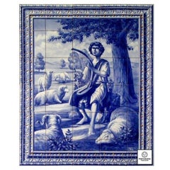 Blue and White Hand Painted Ceramic Tiles with Shepherd, Portugese Azulejos