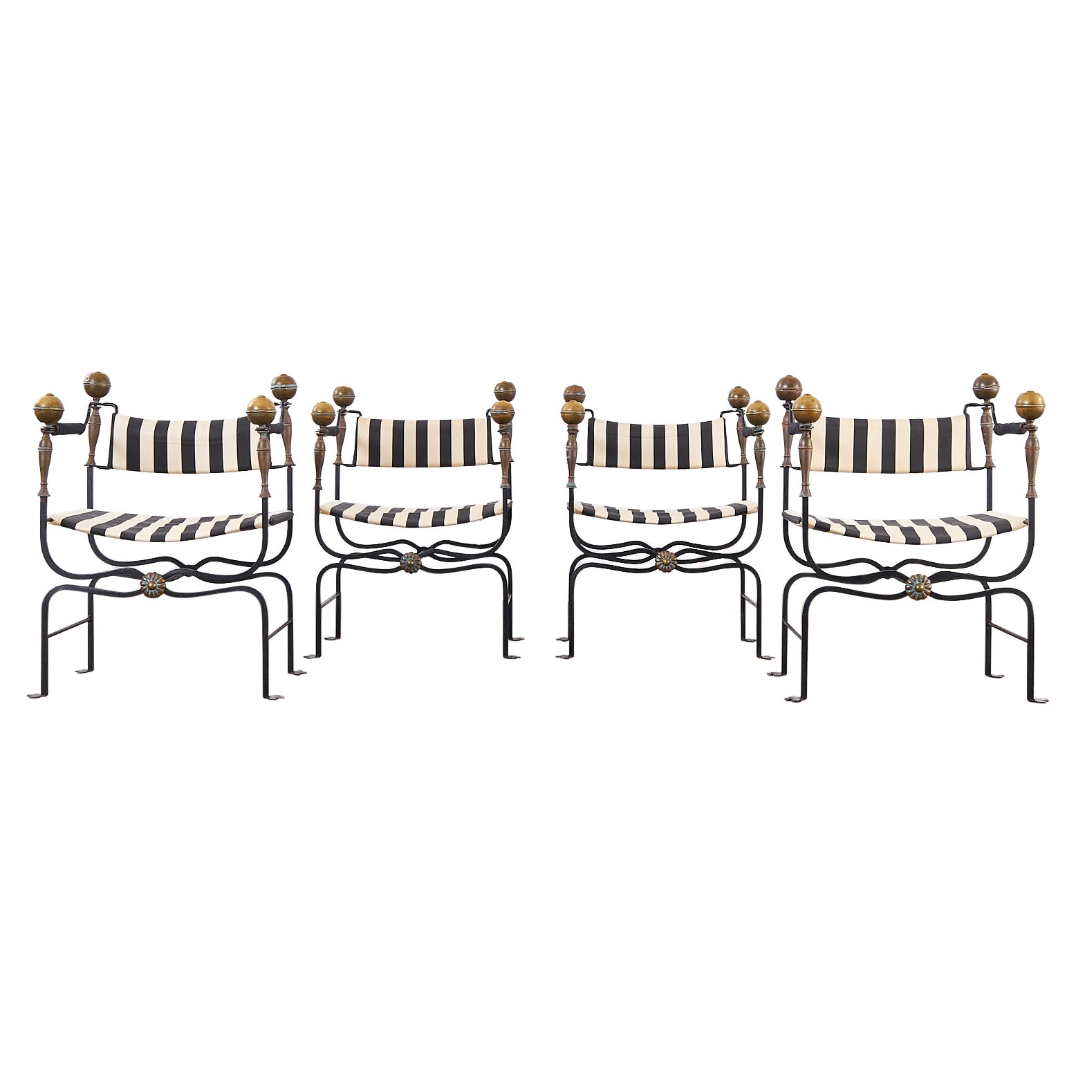 Set of Four Italian Iron and Bronze Savonarola Dante Chairs