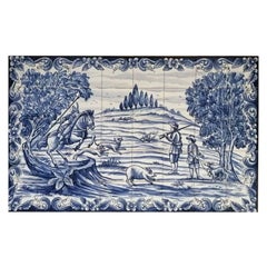Hunting Hand Painted Tile Mural, Portuguese Blue and White Ceramic Tiles