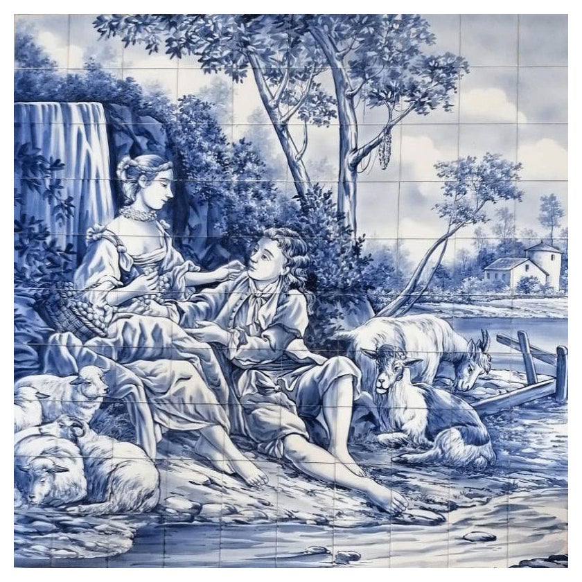 Hunting Hand Painted Tile Mural, Portuguese Blue and White 