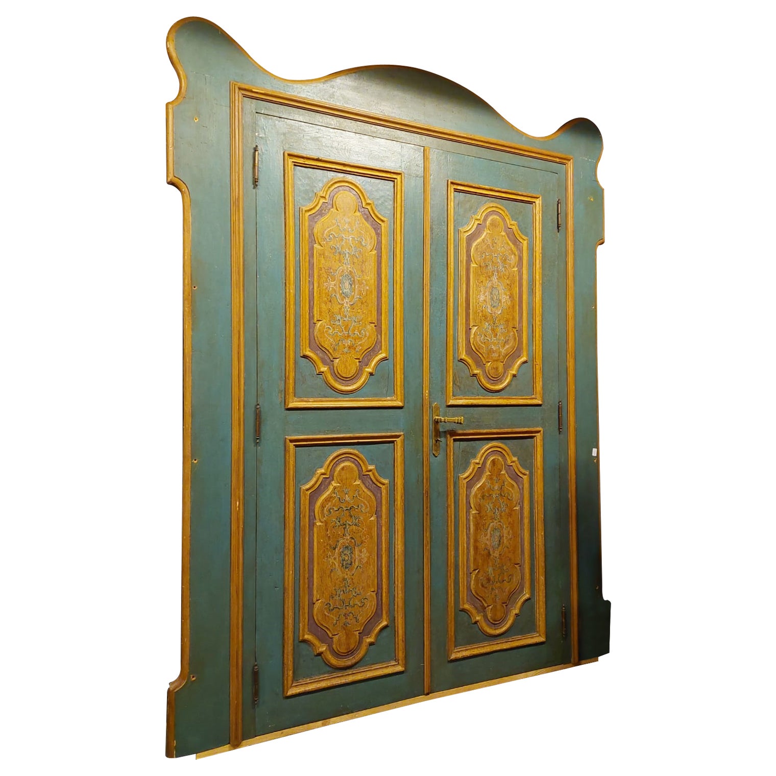 Antique Door/Wall Cabinet, Two Wings with Frame, Green and Yellow, '700 Rome For Sale