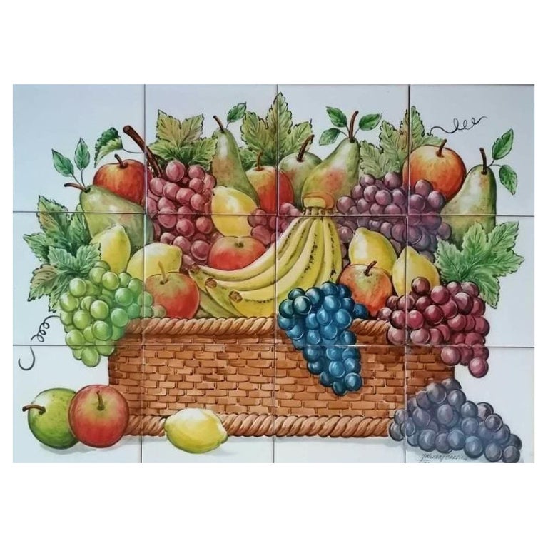 Fruit Basket Tile Mural in Pure Clay and Fine Ceramic For Sale at