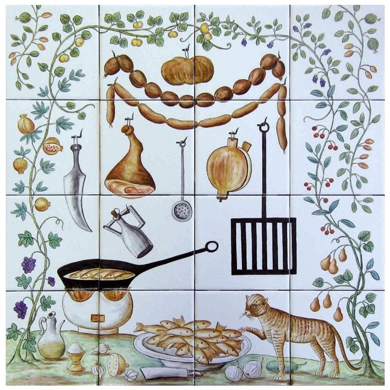 Cat in the Kitchen Tile Mural in Pure Clay and Fine Ceramic For Sale at