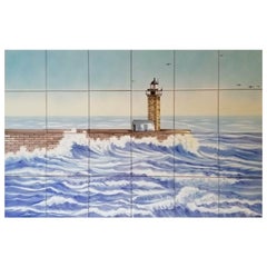 Portuguese Azulejos Hand Painted Tile Mural "Lighthouse" Signed by Artist