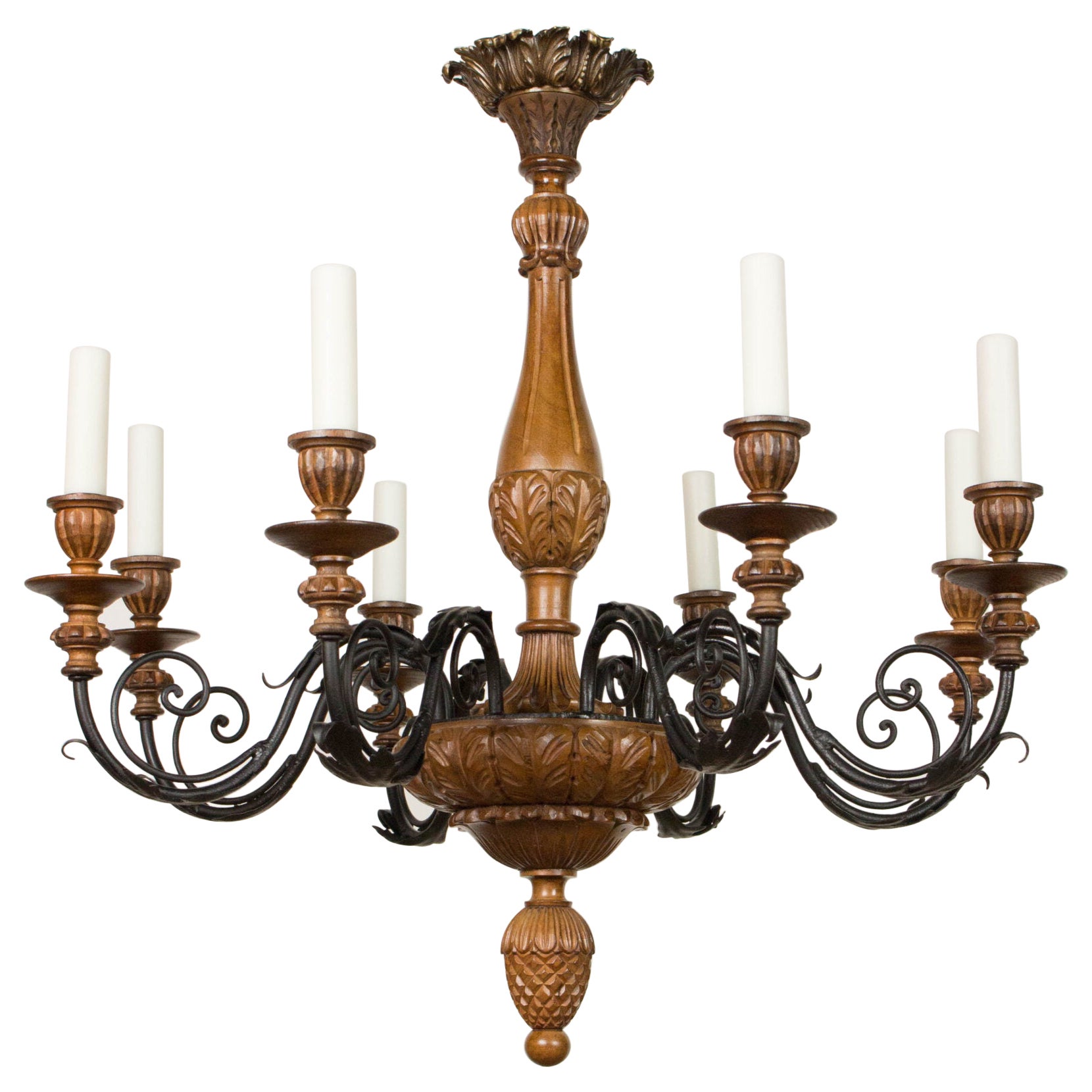 C384 Early 20th Century Italian Carved Wood and Metal Chandelier