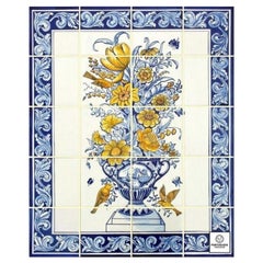 Yellow Flowers Hand Painted Tile Mural, Glazed Tiles, Portuguese Tiles Azulejos