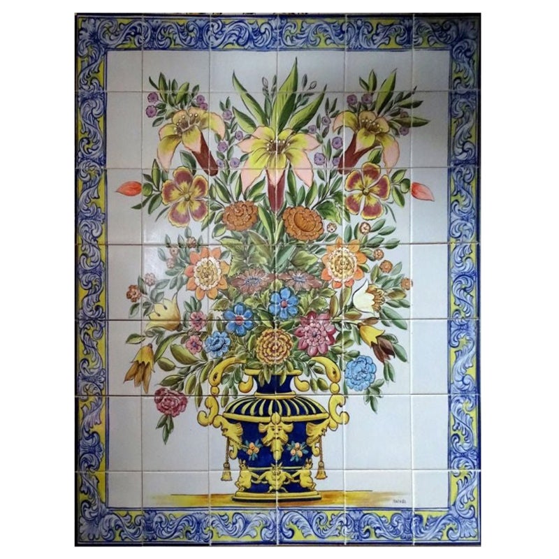 Hand Painted Tile Mural, Flower Vase, Portuguese Tiles For Sale