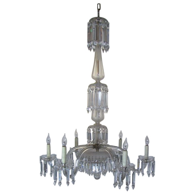 Six Arm 19th Century Crystal and Cut Frosted Glass Chandelier For Sale