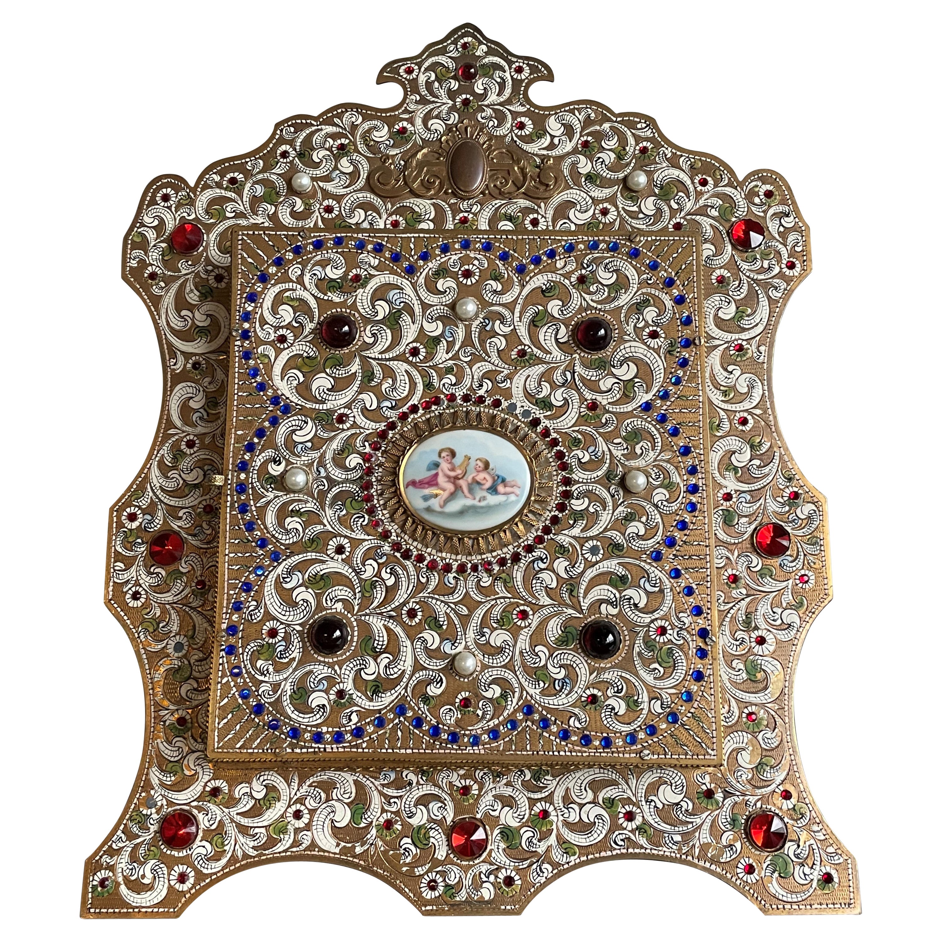Austrian Moorish Revival Enameled & Engraved & Bejeweled Brass Three Fold Mirror For Sale