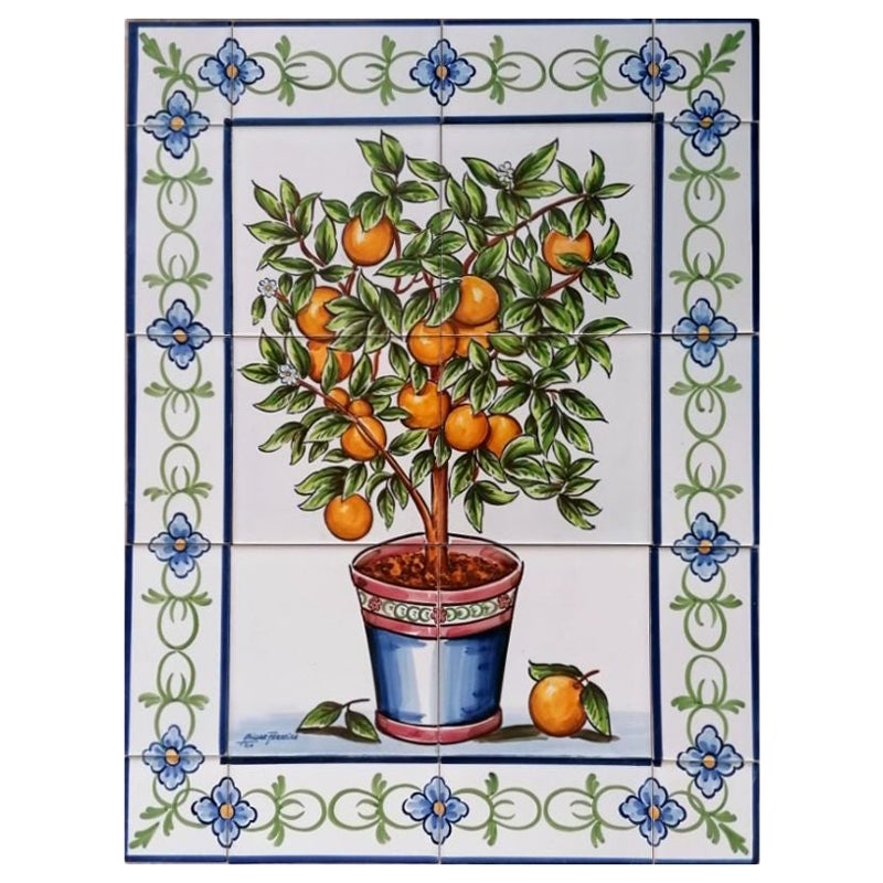 Colourful Orange Tree Ceramic Hand Painted Tile Mural, Portuguese Mural Azulejos
