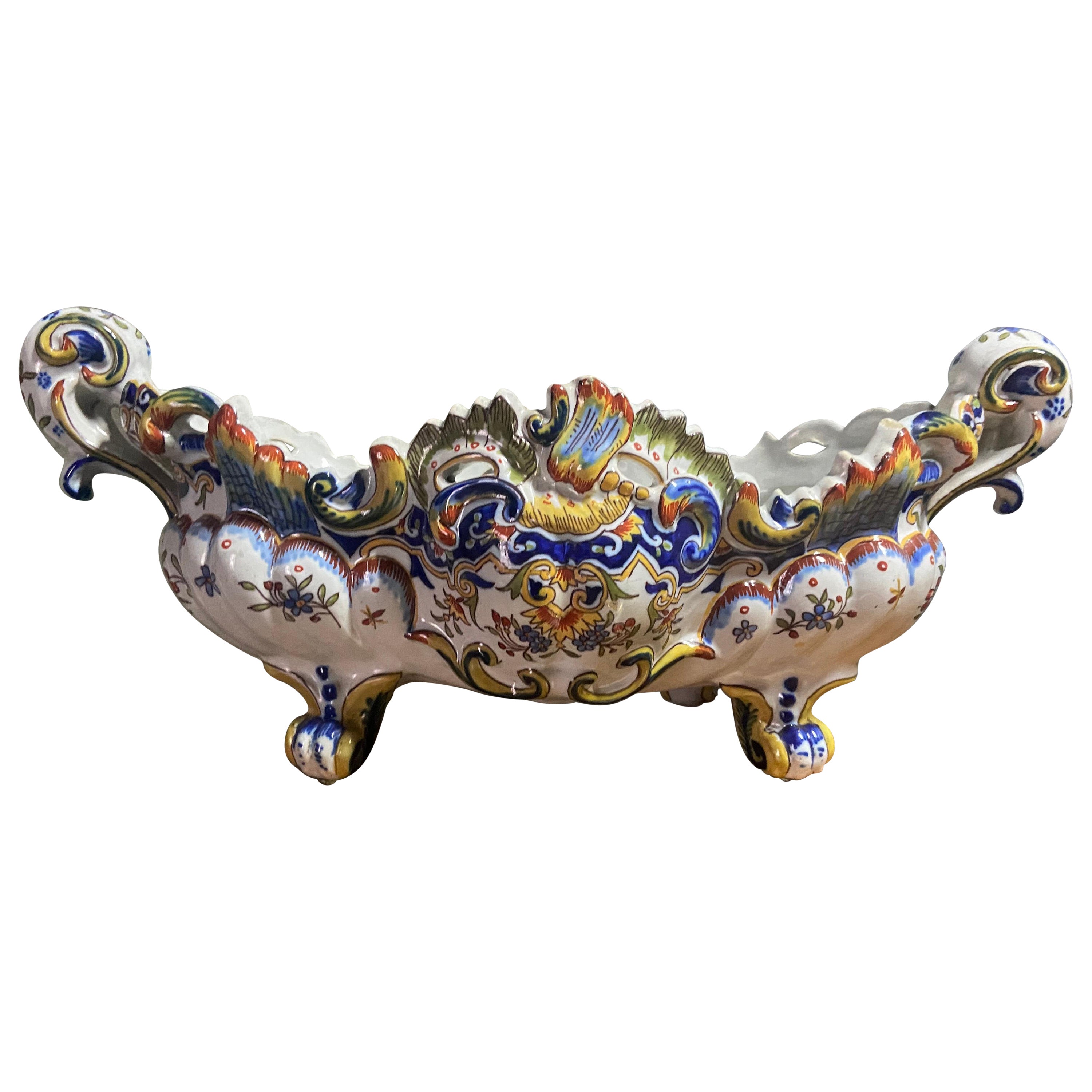 Late 19th Century French Polychromatic Desvres Ceramic Jardiniere Centrepiece For Sale