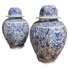19th Century Pair of Large Delft Jars in White and Blue Floral Decoration