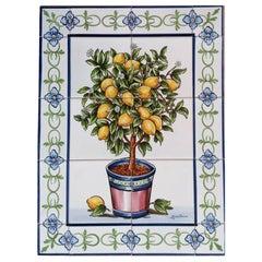 Azulejos Portuguese Hand Painted Tile Mural "Lemon Tree" Signed by Artist 