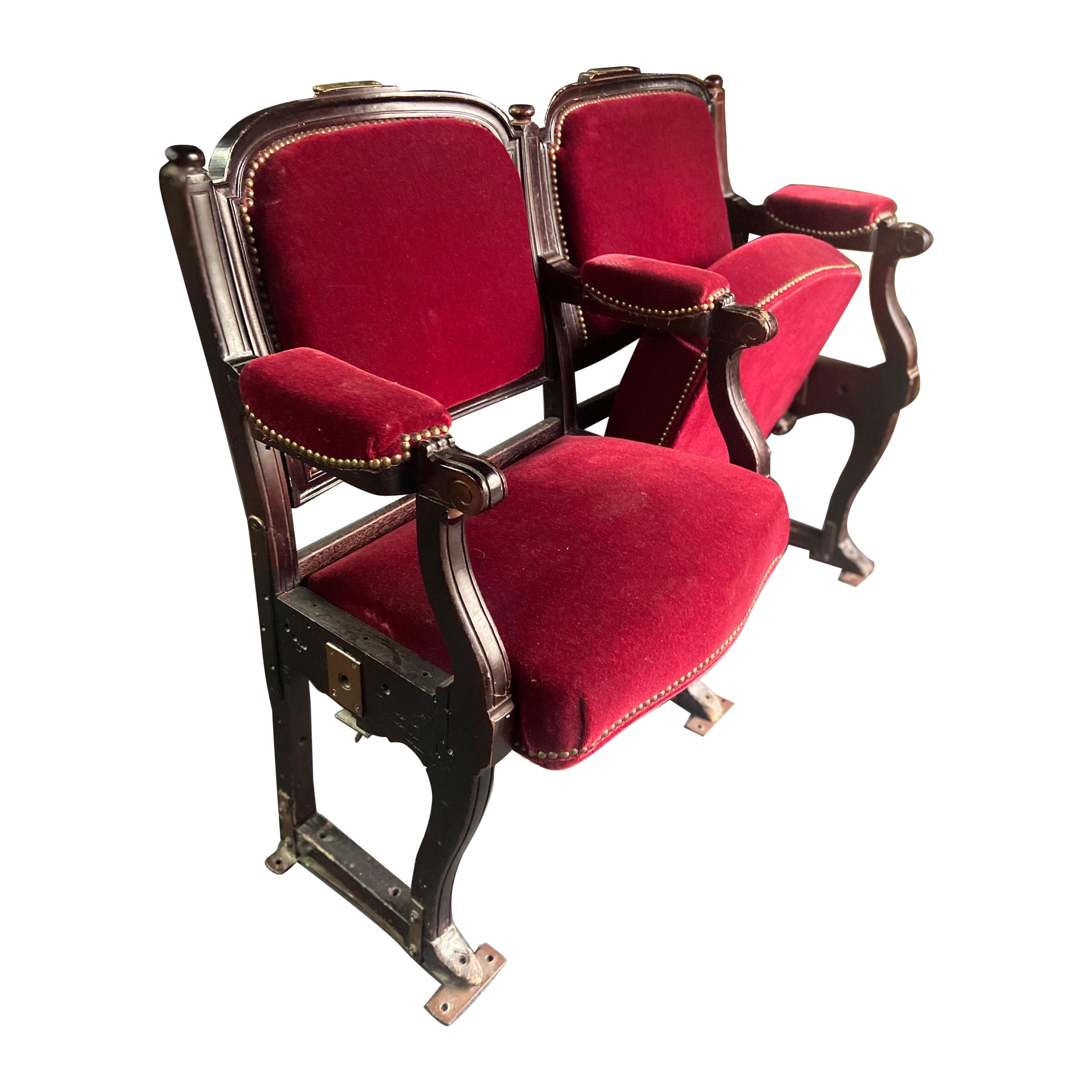 20th Century French Two Seater Theater Seats in Wood and Metal in Red Velvet