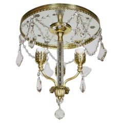 Three Light Flush Brass and Crystal Chandelier