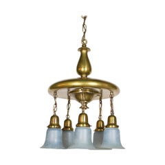 Early 20th Century Antique Brass Fixture with Blue Hanging Glass