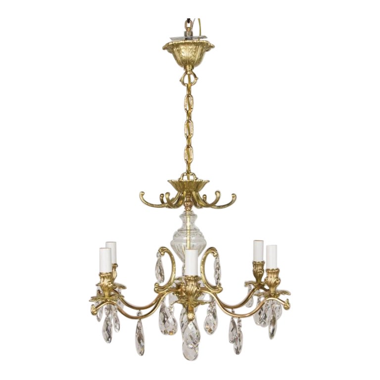 Swedish Brass and Crystal Chandelier with Six Lights For Sale