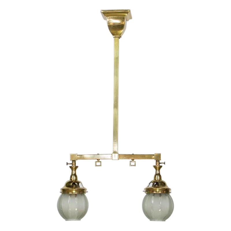 Two Light Welsbach Gas Chandelier with Original Round Shades