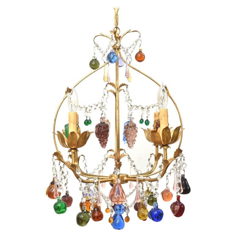 Colorful Vintage Italian Chandelier with Hanging Crystal Fruits For Sale