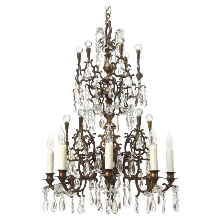 19th Century Flemish Bronze and Crystal Eight Light Chandelier
