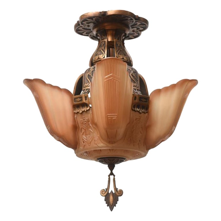 American Art Deco Bronze and Glass Chandelier by Markel