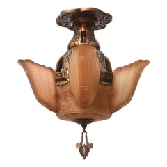 Vintage American Art Deco Bronze and Glass Chandelier by Markel