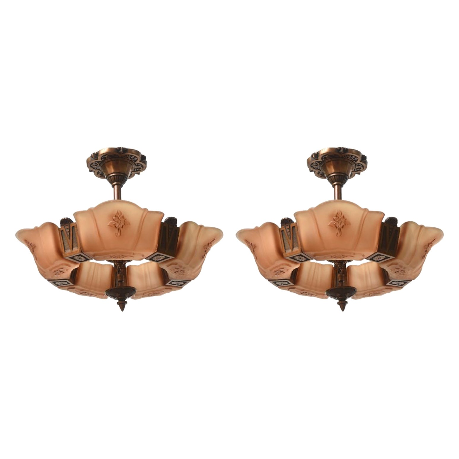 1930's Markel Art Deco Glass and Bronze Ceiling Fixtures, a Pair
