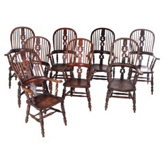 Antique 19th Set off 8 Nottinghamshire Yew Wood Hight Back Windsor Chairs