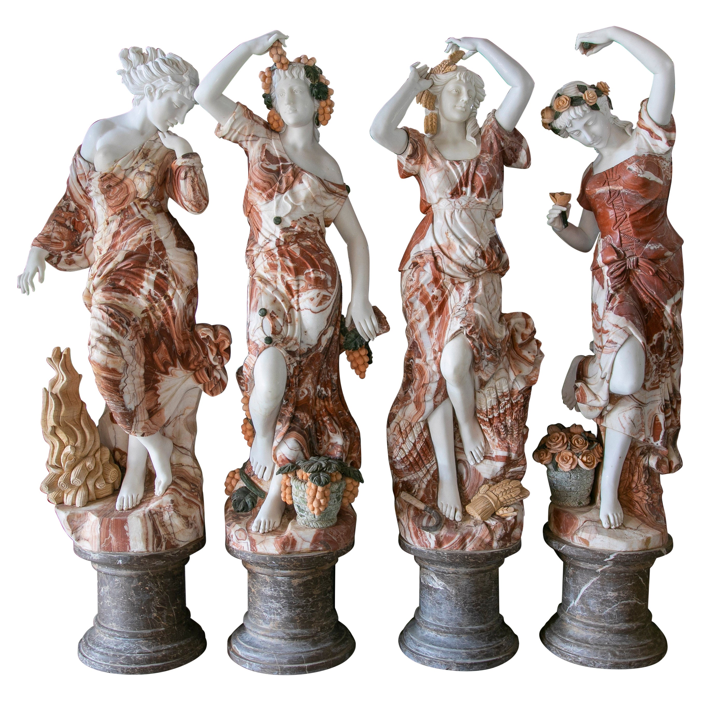 1990s European Hand Carved Marble Set of Four Seasons w/ Bases