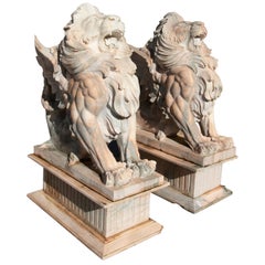 Pair of Life-Size 1990s Hand-Carved Rosetta Pink Marble Winged Lions w/ Bases