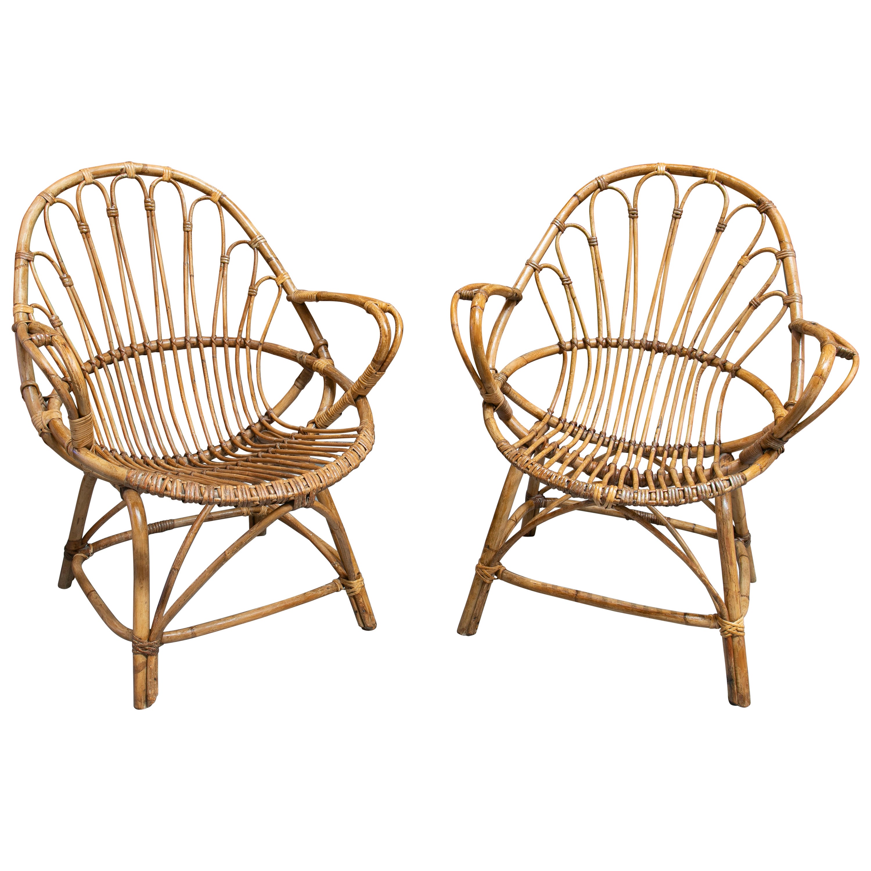 Pair of 1970s Spanish Bamboo & Woven Wicker Armchairs For Sale