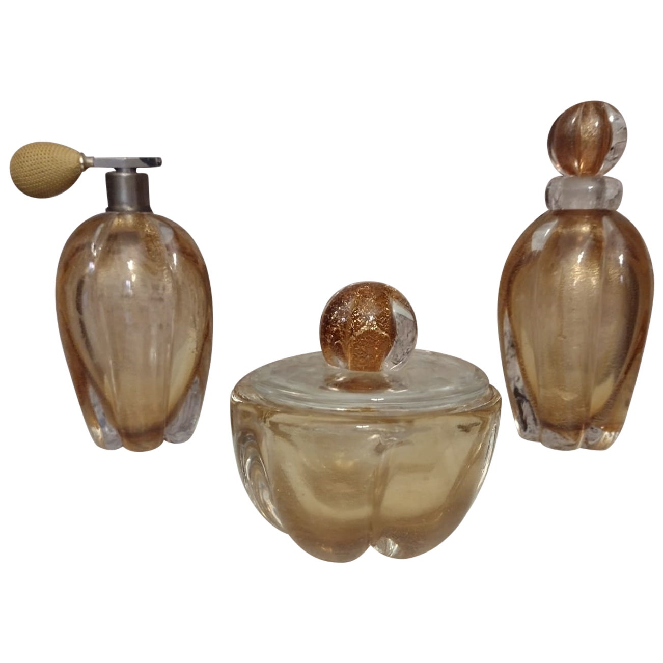 Set Murano Perfume Bottles and Powder Lid Jar by Barovier For Sale