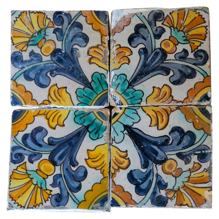 Set of 4 Mid19th Century Spanish Hand Painted Patterned Glazed Ceramic