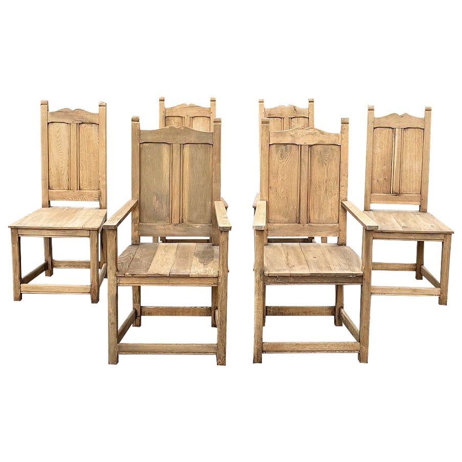 Set of 6 Rustic Antique Country French Dining Chairs Includes 2 Armchairs For Sale