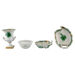 Retro Herend Green Chinese Bouquet, Vase and Three Bowls in Hand-Painted Porcelain