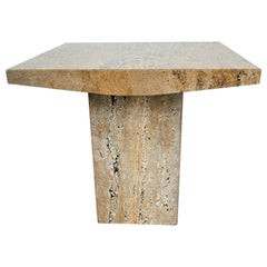 Vintage Walnut Travertine Italian Marble Side End Table