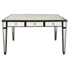 Reverse Silver Leaf Glass Desk with Black Lacquer Trim