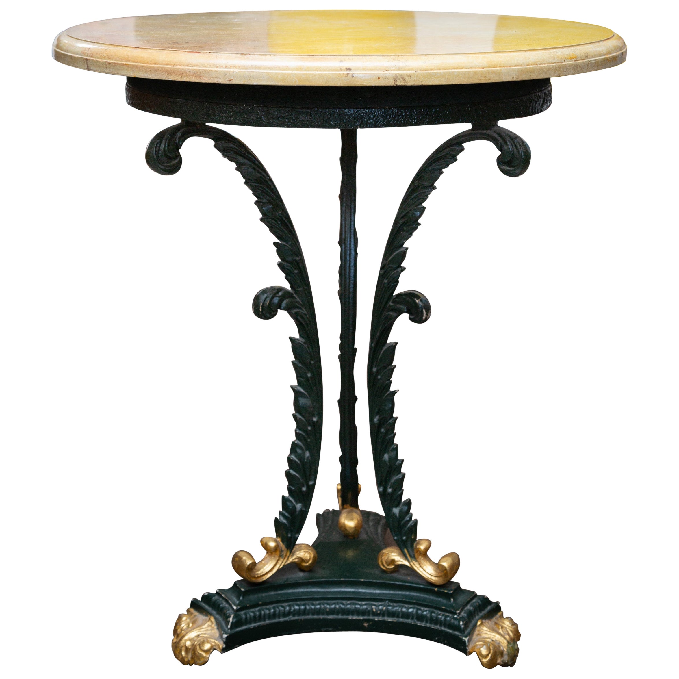 Green Painted and Parcel Gilt Iron Circular Table with Travertine Top For Sale