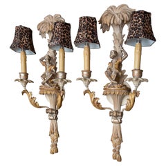 Pair of Italian Washed Beech and Parcel Gilt Sconces with Figural Monkeys