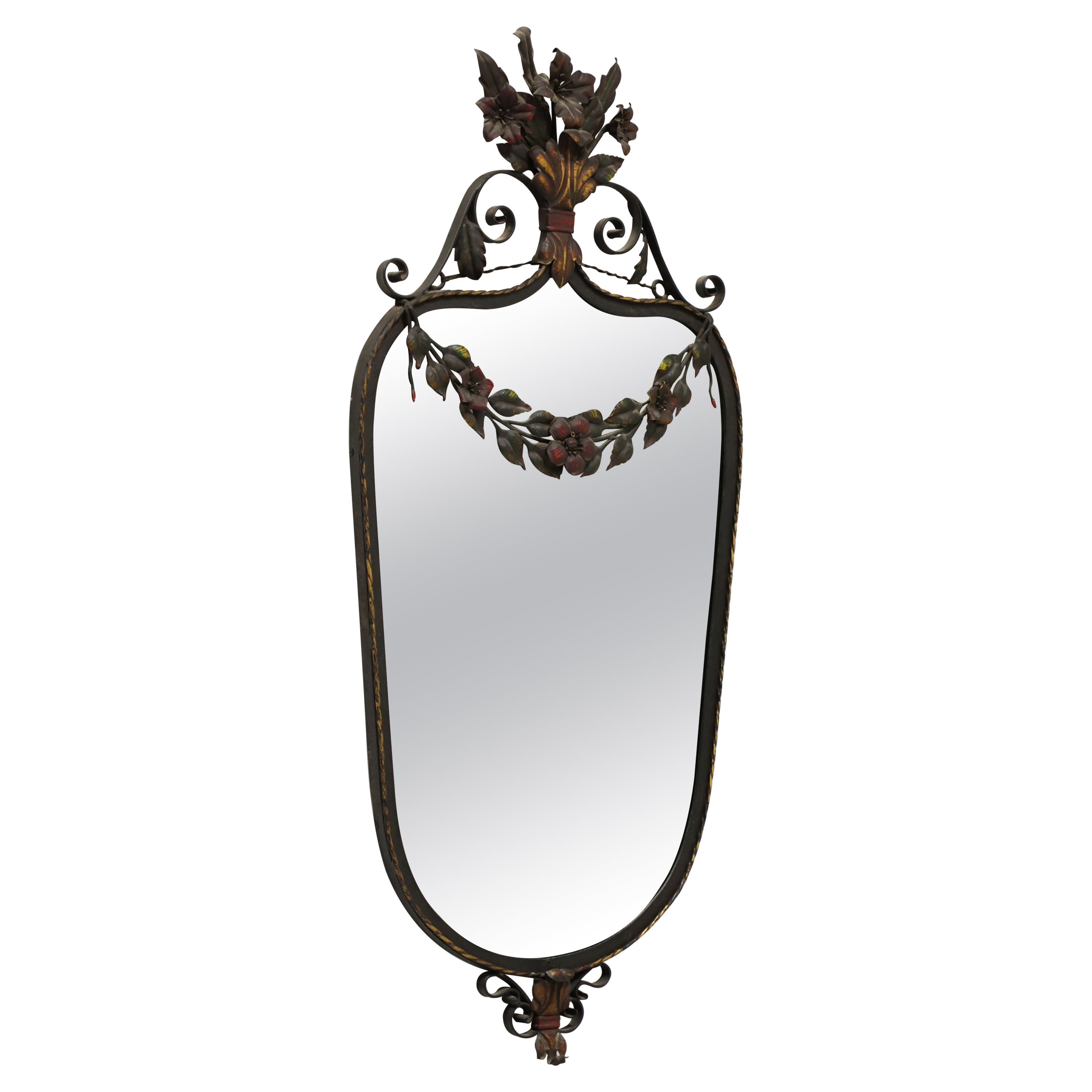 Antique Metal Framed Wall Mirror with Floral Motif