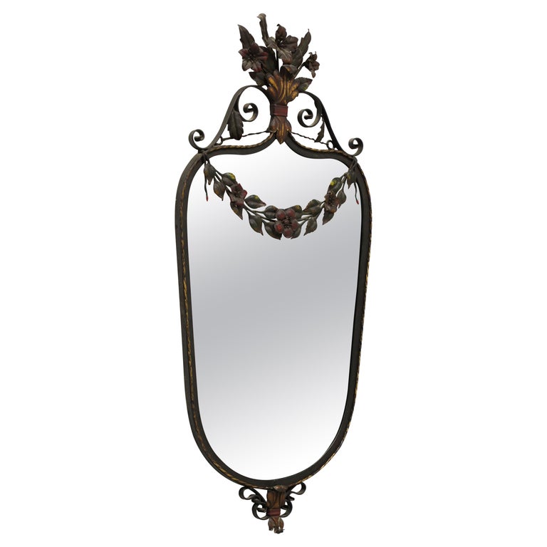 Antique Metal Framed Wall Mirror with Floral Motif For Sale at 1stDibs