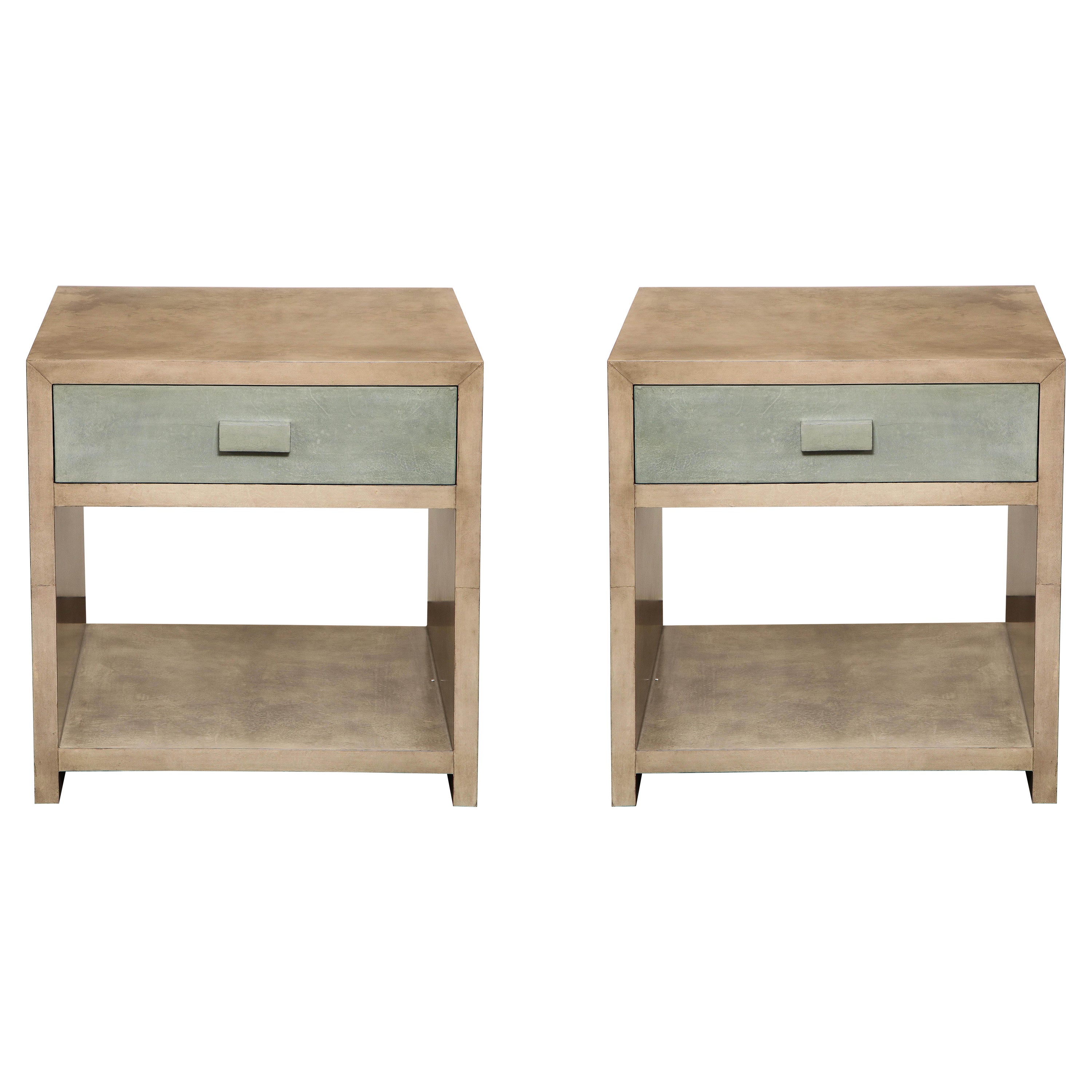 Custom Pair of Two-Tone Parchment Nightstands For Sale