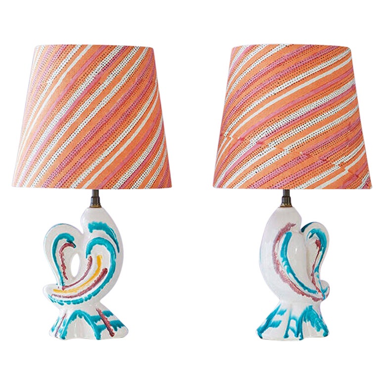 Vintage Pair of Zoomorphic Multicolored Ceramic Table Lamps, France 1950's