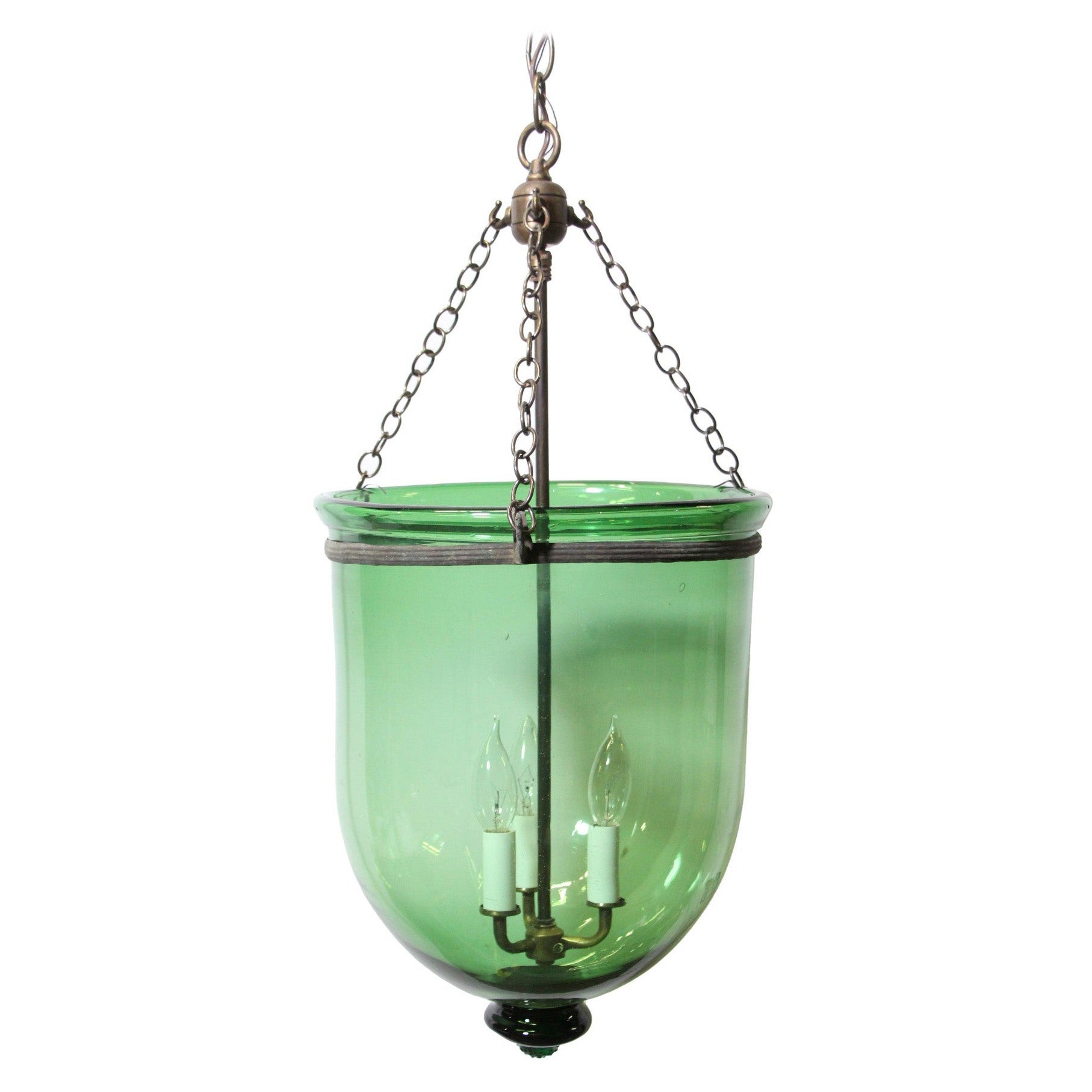 Hand Blown Green Glass Bell Jar Pendant Light w Brass Hardware + 3 lights For Sale at 1stDibs