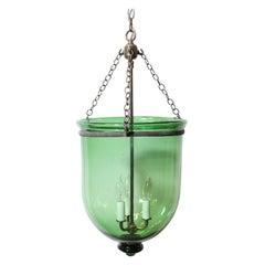 Hand Blown Green Glass Bell Jar Pendant Light w Brass Hardware + 3 lights