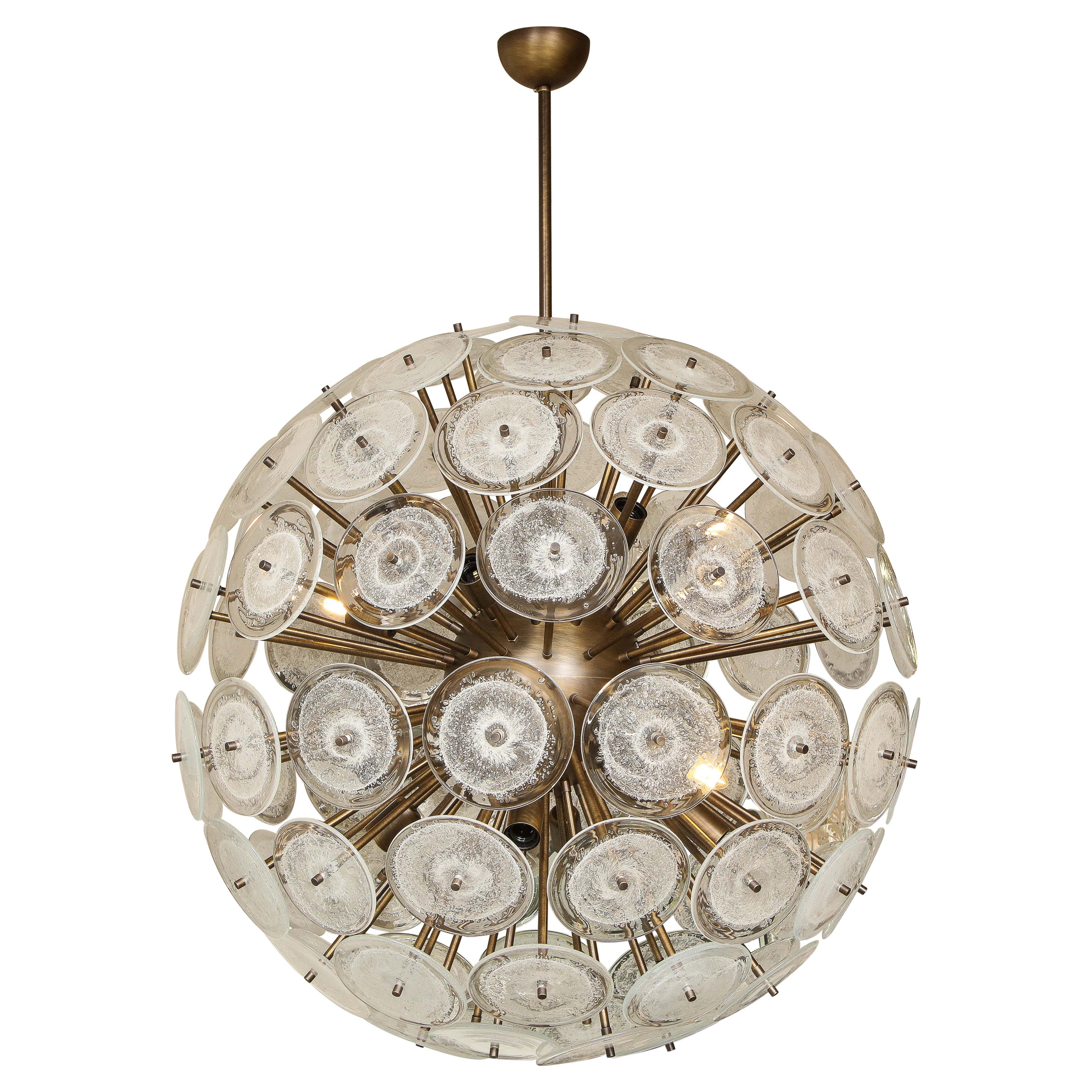 Custom Clear Bubble Murano Glass Disc Sputnik Chandelier in Burnished Brass For Sale