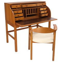 Dnische Mid-Century Modern Solid Teak Pull Out Roll Top Desk Schubladen Stuhl Mint
