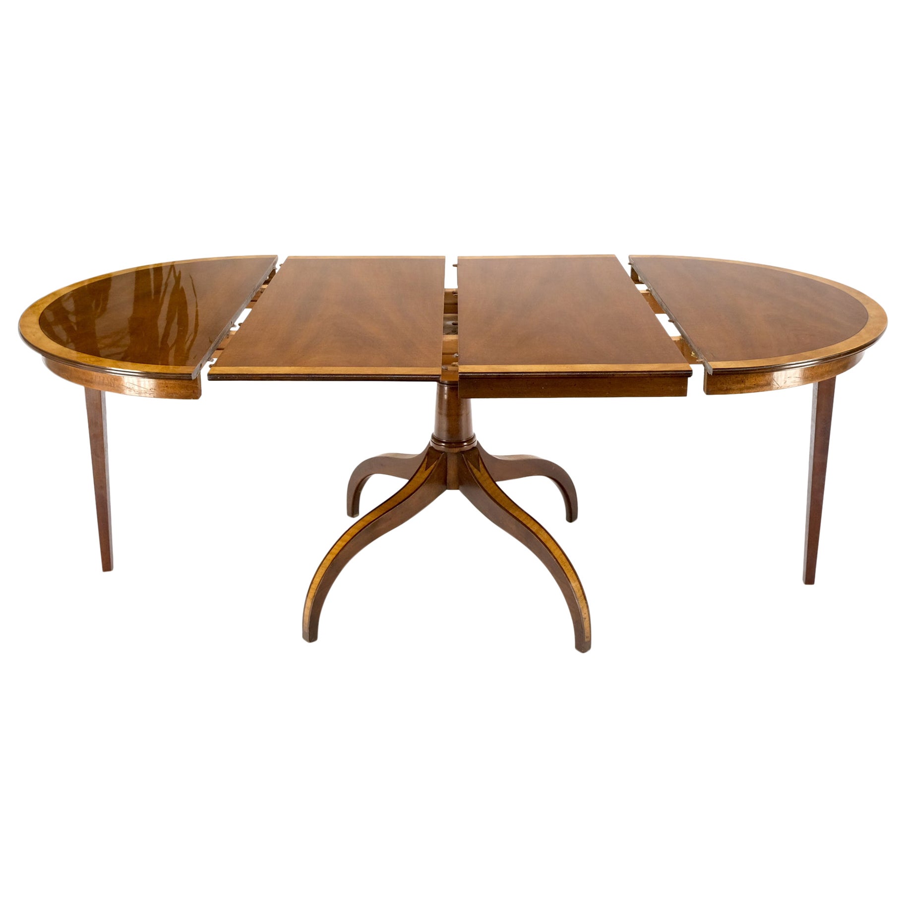 Charak Lacquered Mahogany Banded Round Dining Table w/ 2 Leaves Inlaid Legs Mint For Sale
