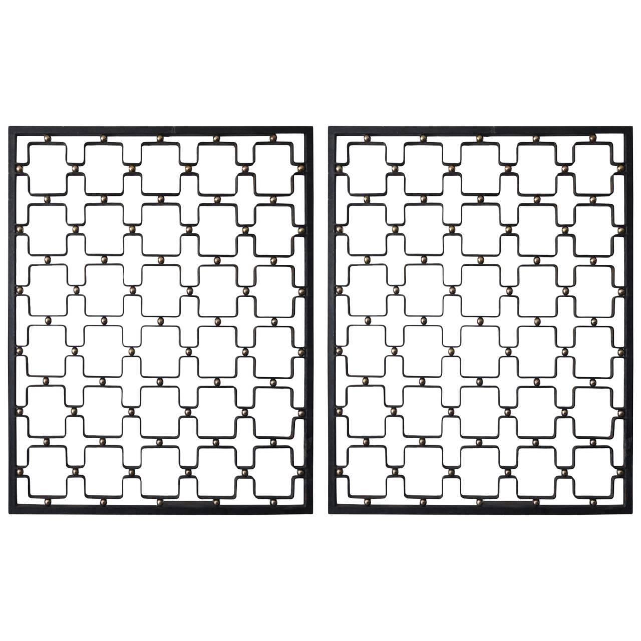 Pair of Wrought Iron and Brass Screens by Jean Royère, France, 1950s For Sale