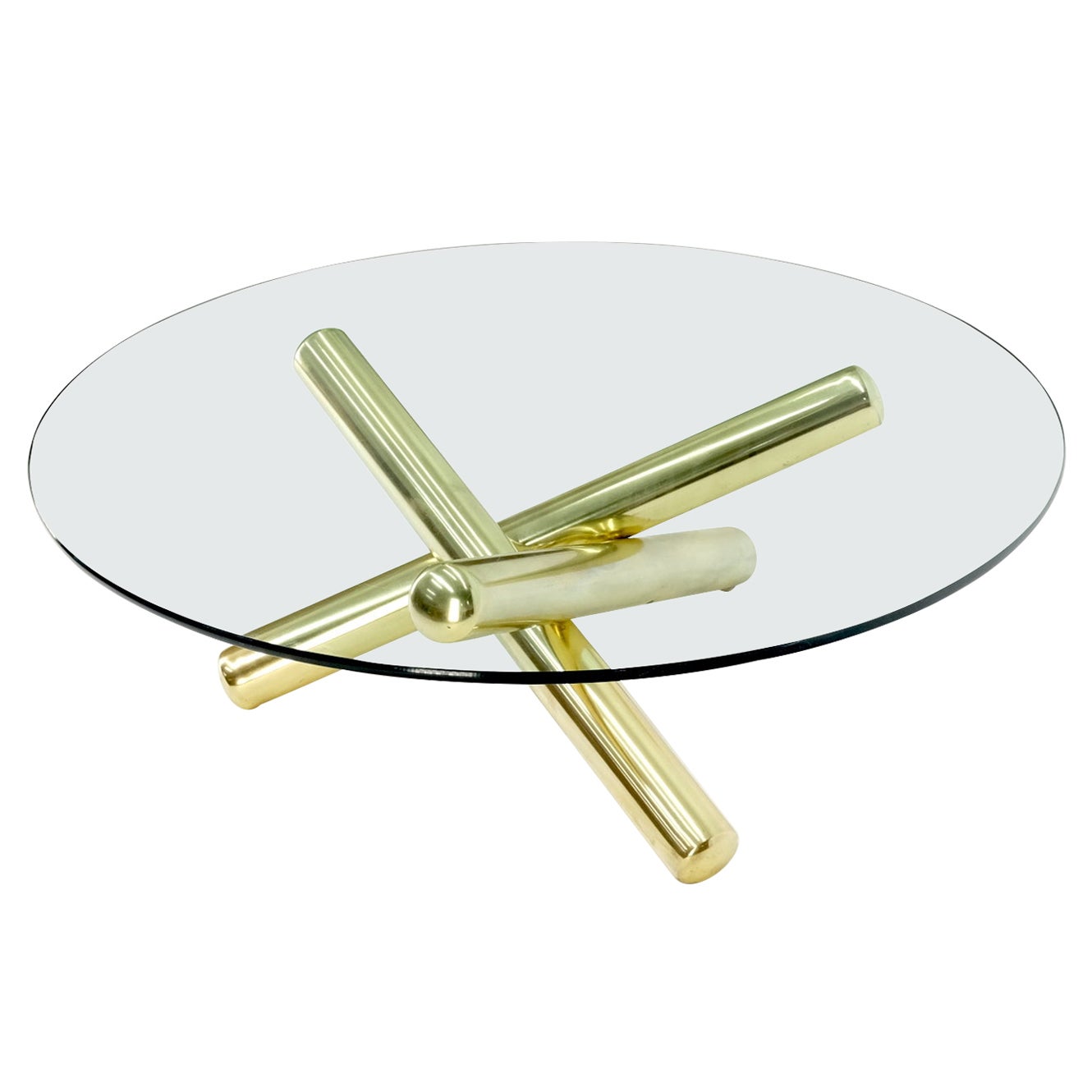 Large Thick Brass Spikes to Form Jack Tripod Base Round Glass Top Coffee Table For Sale